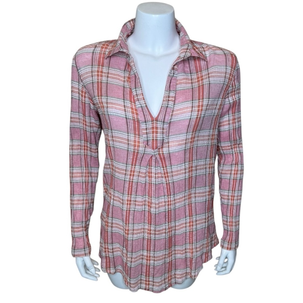 Sundance Molly Pink Plaid Popover Top Blouse V-neck Collared Cotton